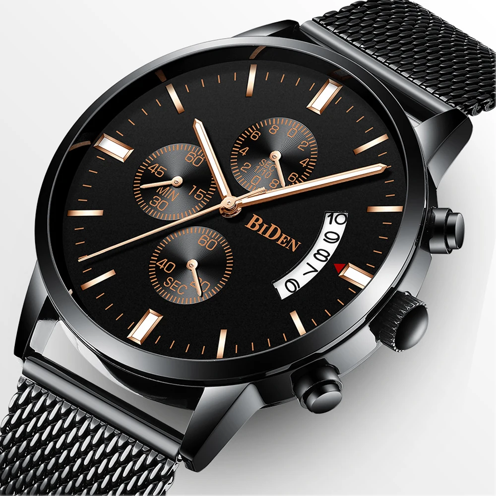 

Mens Watches BIDEN Top Brand Waterproof Ultra Thin Clock Male Steel Strap Casual Quartz Watch Mens WristWatch