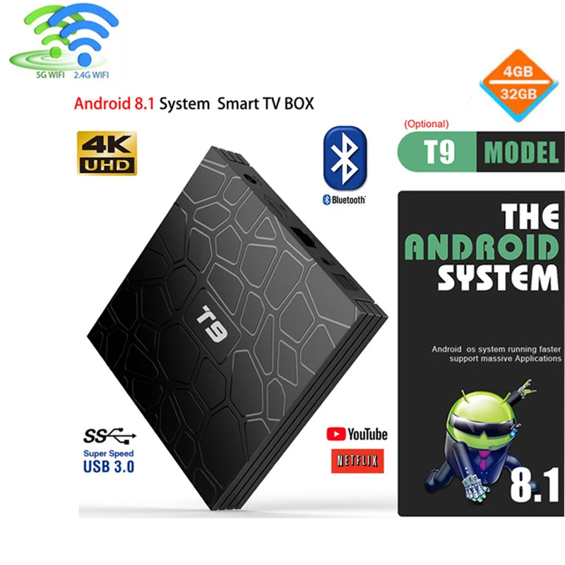 

2019 4GB 64GB Android 8.1 TV Box T9 RK3328 Quad Core 4G/32G USB 3.0 Smart 4K Set Top Box Optional 2.4G+5G WIFI Bluetooth PK TX3