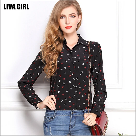 Más tamaño ropa de verano nueva 2015 de manga larga negro Anclas imprimir blusas señoras Oficina negro yb226|ladies shirts|office shirtshirt women - AliExpress