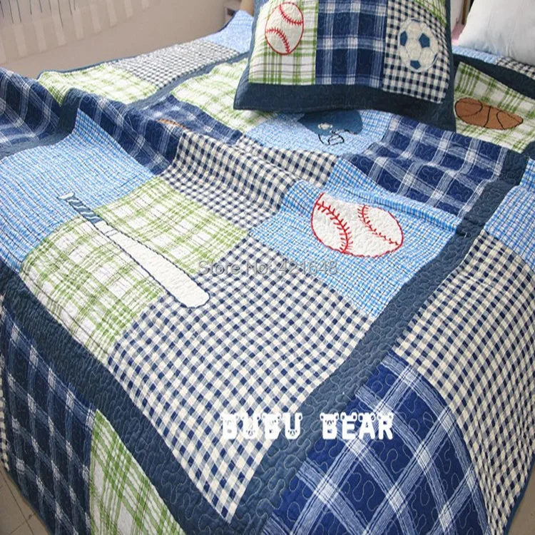 

Free shipping kids bedding set baseball children boys bedding set handmade applique patchwork quilt bedspread set