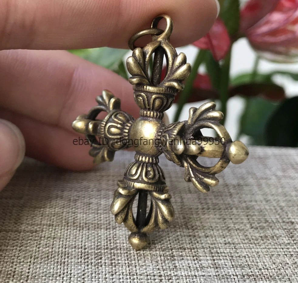 Китайский бронзовый медь 4 лепестка Dorje Vajra pestle exorcise evil Amulet кулон A02|Статуи и
