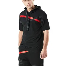 Горячая новые летние хлопковые Повседневное вязать наборы мужской в полоску с капюшоном комплекты с короткими рукавами дышащая Для мужчин толстовки спортивный костюм XXL