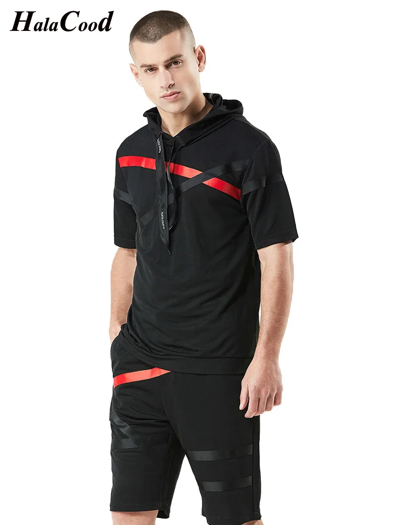 

Hot 2019 Summer New Cotton Casual Knit Sets Male Striped Hooded Short Sleeve Sets Breathable Men's Hoodies Sweatshirts Suit XXL