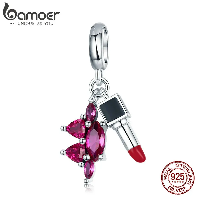 

BAMOER 925 Sterling Silver Women Lipstick Pink Crystal CZ Charm fit Charm Bracelets Necklaces Jewelry Girlfriend Gift SCC828