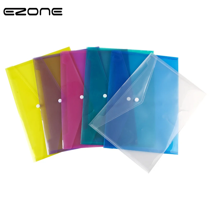 

EZONE 1PC A4 Transparent PP Plastic Button Folder File Bag 5 Colors To Choose Large Capacity Document Hold Bags School Office