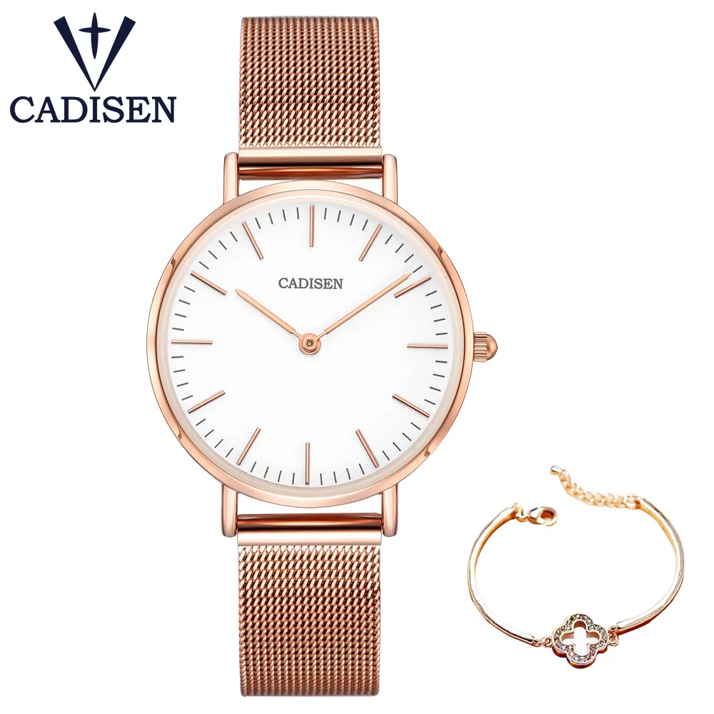 

CADISEN Dress Female Watch Set Women Stainless steel Mesh Fashion Ultrathin Clock Matching Bracelet Ladies Watch Luxury Brand