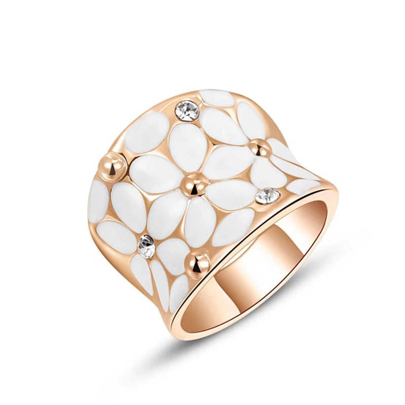 

Genuine Austrian Crystal Jewelry Exquisite Enamel Flower Rose Gold Color Luxury Big Party Ring for Women Utr1158