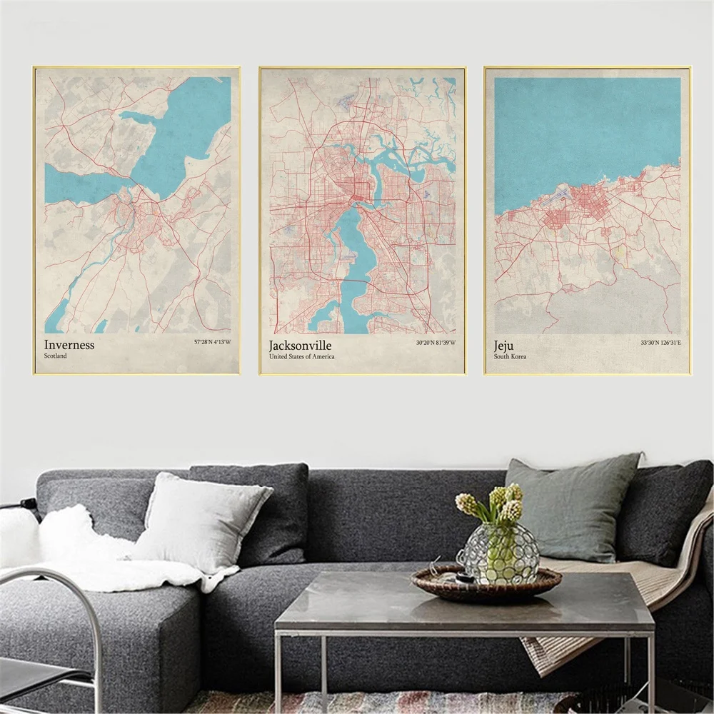 

World City Map Inverness Scotland Jacksonville US Jeju South Korea Living Room Wall Art Picture Home Decor Canvas Painting