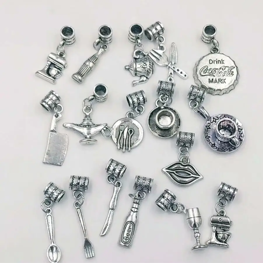 

Antique Silver Bread machine/kitchen knife/fork knife spoon/coffee cup/beer bottle/bottle cap/teapot /goblet Charm Pendant