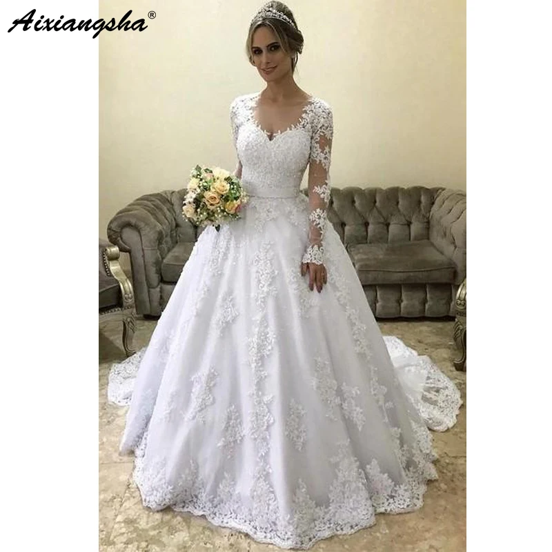 Vestido De Noiva белое кружевное свадебное платье мусульманское одежда с длинным рукавом Иллюзия v-образным вырезом бальное платье Тюль Дубай в арабском стиле свадебные платья