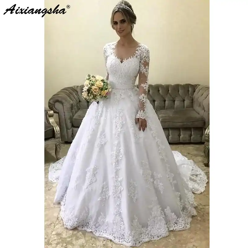 Vestido De Noiva 2019 White Lace Muslim Wedding Dress Long Sleeves