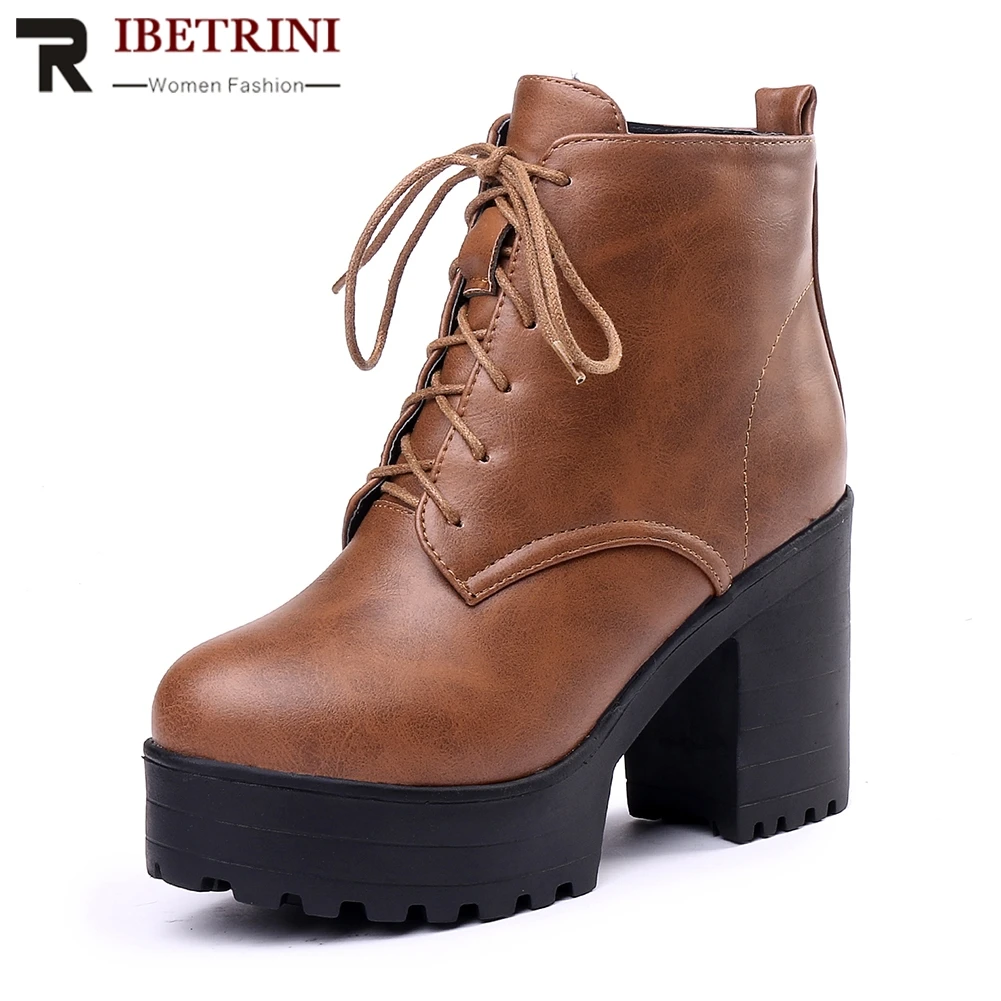 

RIBETRINI Comfortable Plus Size 33-44 Platform Lace Up Ankle Boots 2019 Shoes Woman 3 Colors Thick Fur Addable