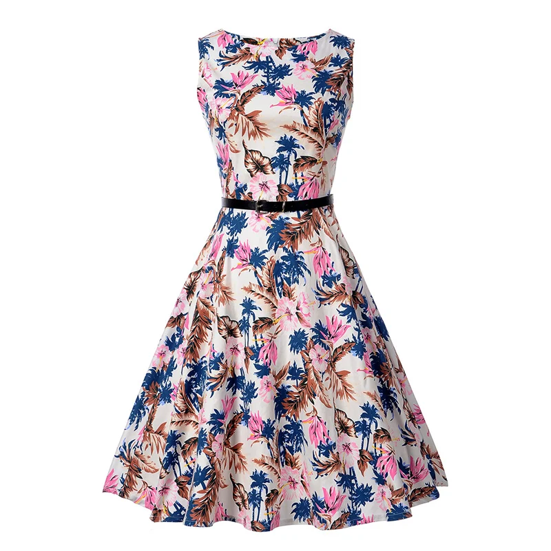 Kostlish Floral Print Summer Dress Women Sleeveless 50s Tunic Vintage Dress With Belt 2017 Elegant Swing Party Dresses Sundress (10)