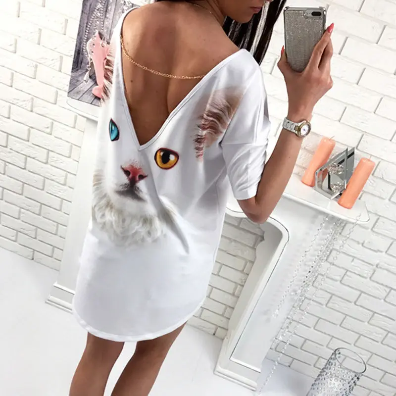 2018 Casual cat butterfly printed O Neck V backless short sleeve Loose white mini dress womens fashion dresses summer women long sleeve maxi dress