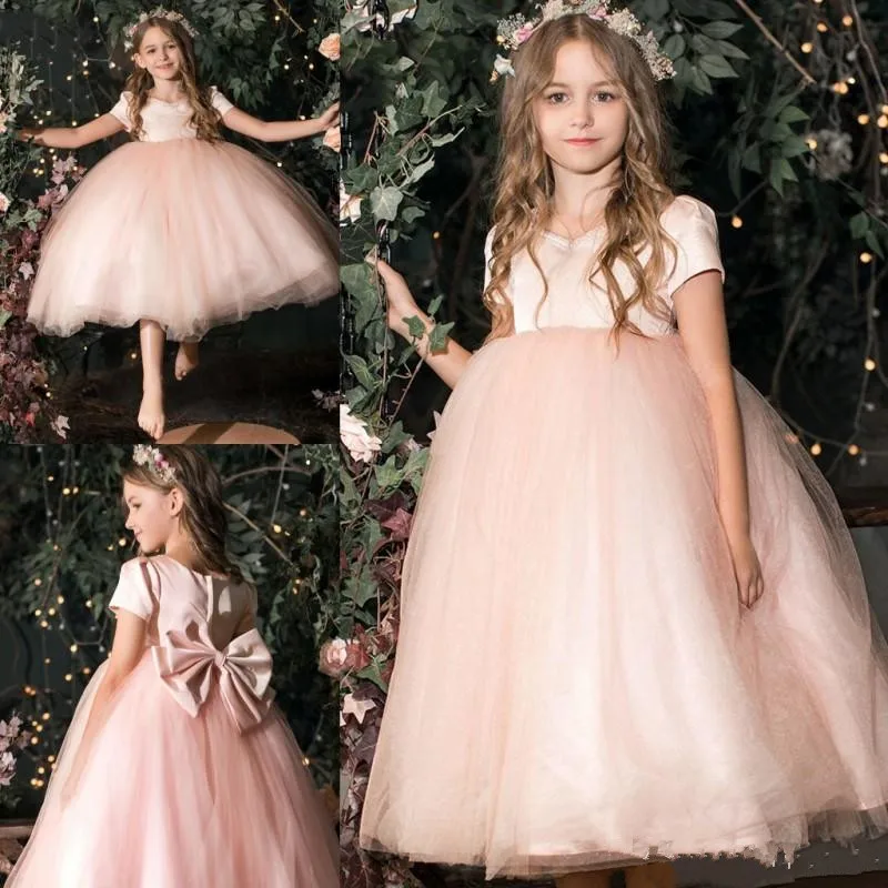 

Simple Design Cheap Tulle Flower Girl Dress with Bow Zipper Back Short Sleeves Tea-Length Girls Pageant Gowns Custom Made Longo