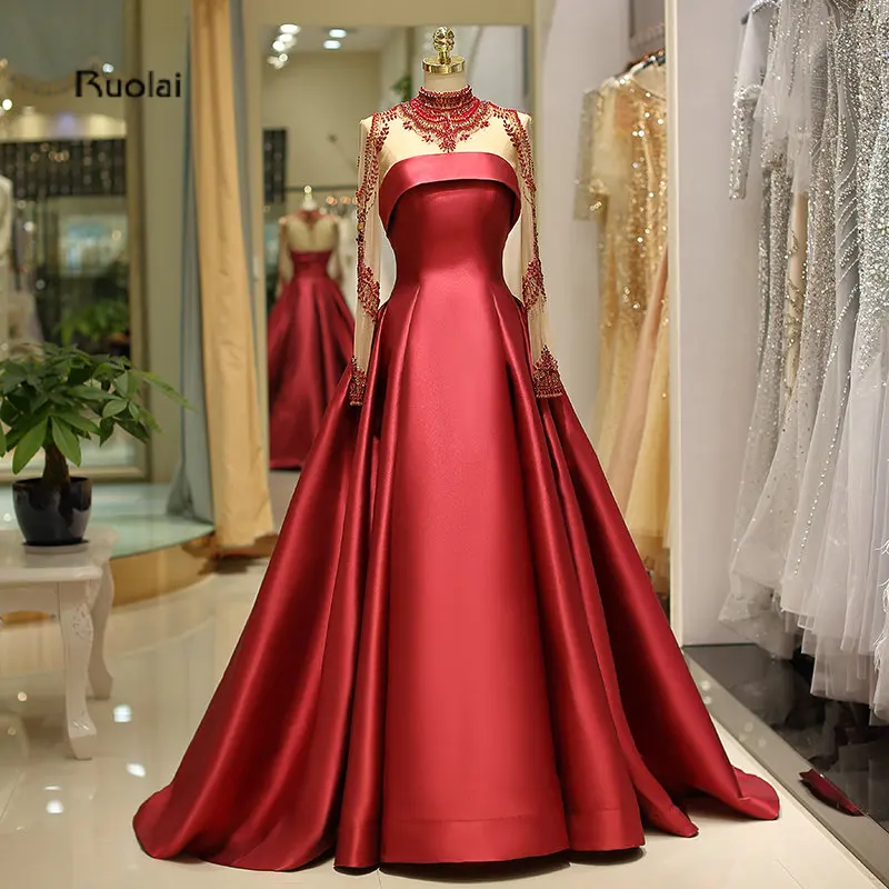Red Satin Arabic Luxury Evening Dresses Long 2018 High Neck Long Sleeves Dubai Evening Gown Formal Party Dresses robe de soiree