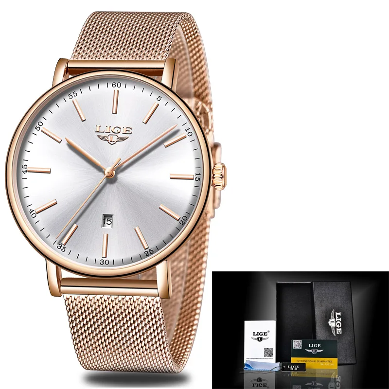 LIGE женские часы Лидирующий бренд Роскошные водонепроницаемые часы Дамская Мода из нержавеющей стали ультра-тонкие повседневные часы наручные, кварцевые часы - Color: Rose Gold White