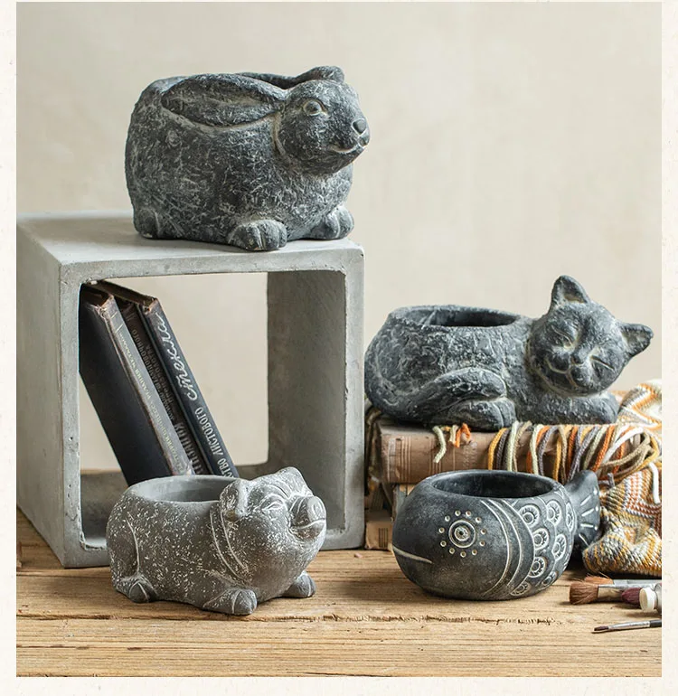 Creative Concrete Pig Fish Cat Rabbit Sculpture Statue Succulent Plant Container Green Planters Small Bonsai Pots Home Decor