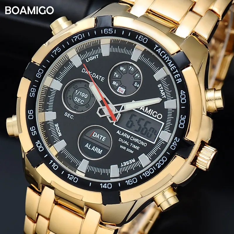 Baratos Relojes de marca BOAMIGO, relojes deportivos militares para hombre, cronógrafo de fecha automática, relojes de pulsera de cuarzo Digital de acero dorado, reloj Masculino