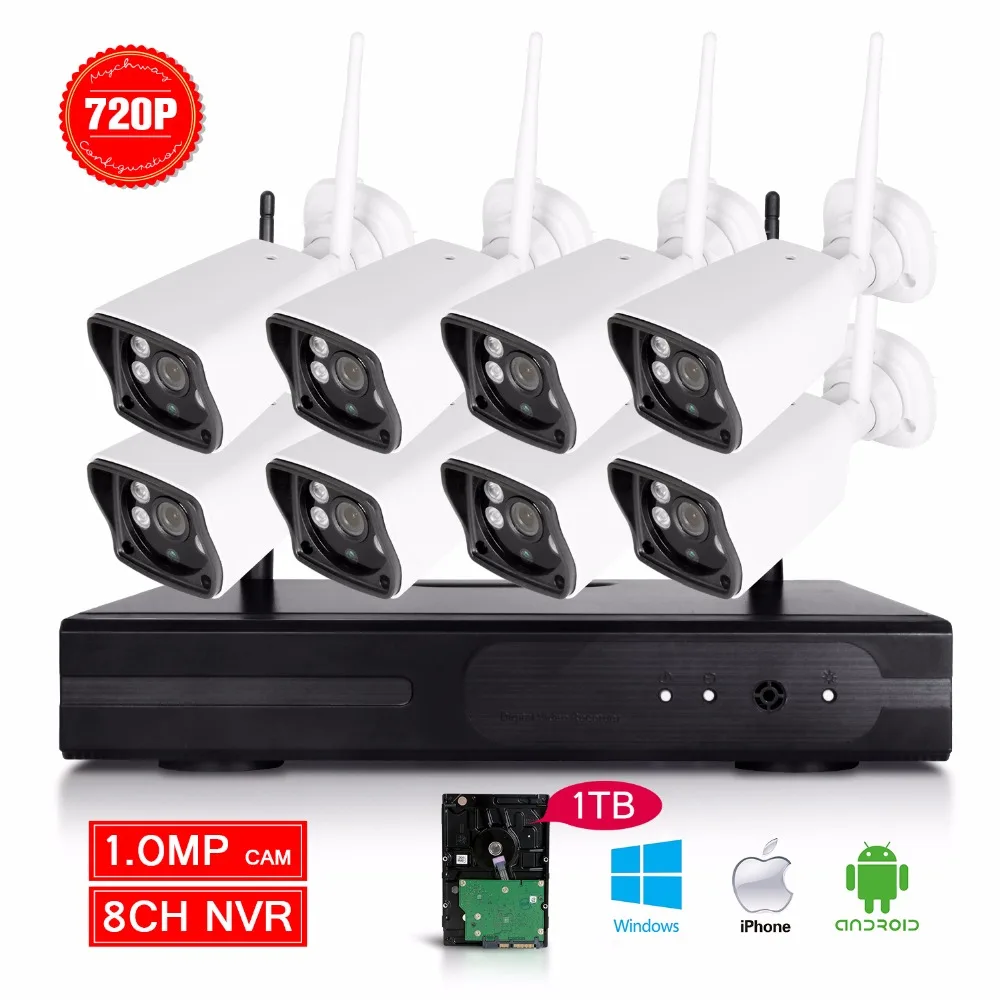 

Waterproof Outdoor 8Pcs 720P HD Wireless 8CH CCTV Security Kit WIFI IP Camera NVR System 1T HDD onvif alarm wifi ip camera