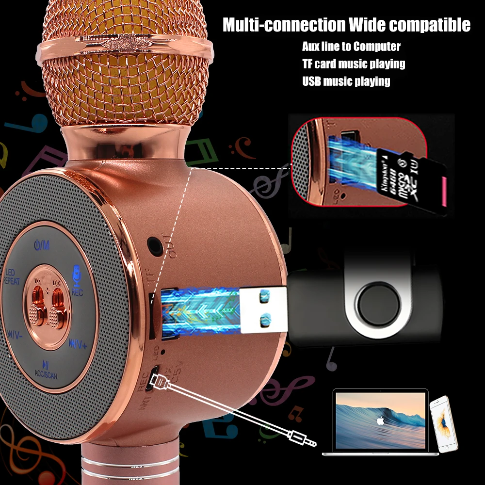 NEW WS668 Wireless microphone bluetooth microphone karaoke Speaker voice changer microphone for PC phone LED Disc light pk ws858-in Microphones from ...
