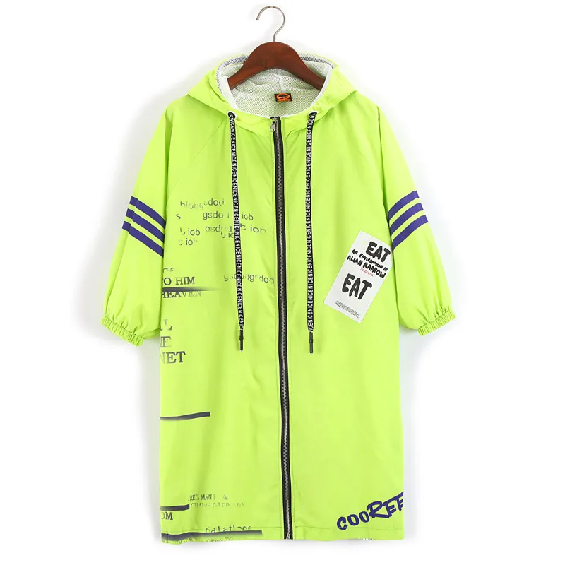 

young girls hip hop style summer thin trench sunscreen zip-up letter head portrait print hoodies cartoon kawaii women long coat