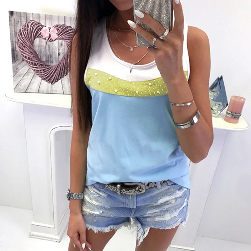 BBYES S-XL 2019 Women Summer Color Patchwork Tops Woman Ladies Sleeveless O-Neck Beading Shirt Women's Casual Vest Tops