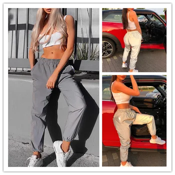 

1PCS Women Casual Flash Reflective Jogger Pants Autumn Winter Streetwear Trousers Gray Solid