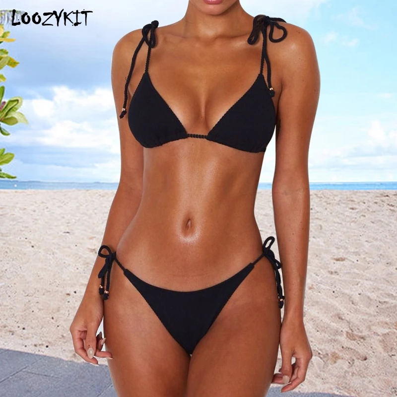 

LOOZYKIT 2019 Summer Women Push-Up Padded Bikini Set Strappy Swimsuit Beachwear Stringing Two Pieces Swimwear Solid Bathing Suit