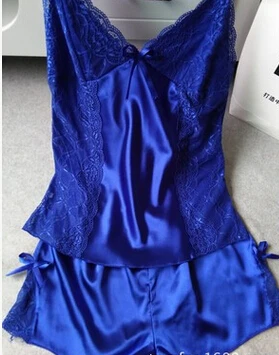 Сексуальный женский кружевной открытый прозрачный пижамный комплект с глубоким v-образным вырезом, модные роскошные спортивные костюмы из натурального шелка, Новинка - Цвет: Синий