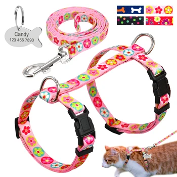 

Personalized Cat Harness and Leash Set Nylon Cats Harnesses Vest with Id Tag Anti Lost Kitten Cat Name Tag Harness