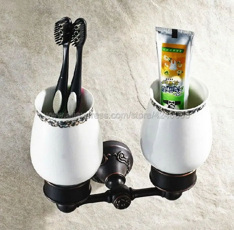 

Oil Rubbed Bronze Wall Mounted Toothbrush Holder Double Cups Bathroom Accessories Products Kba451
