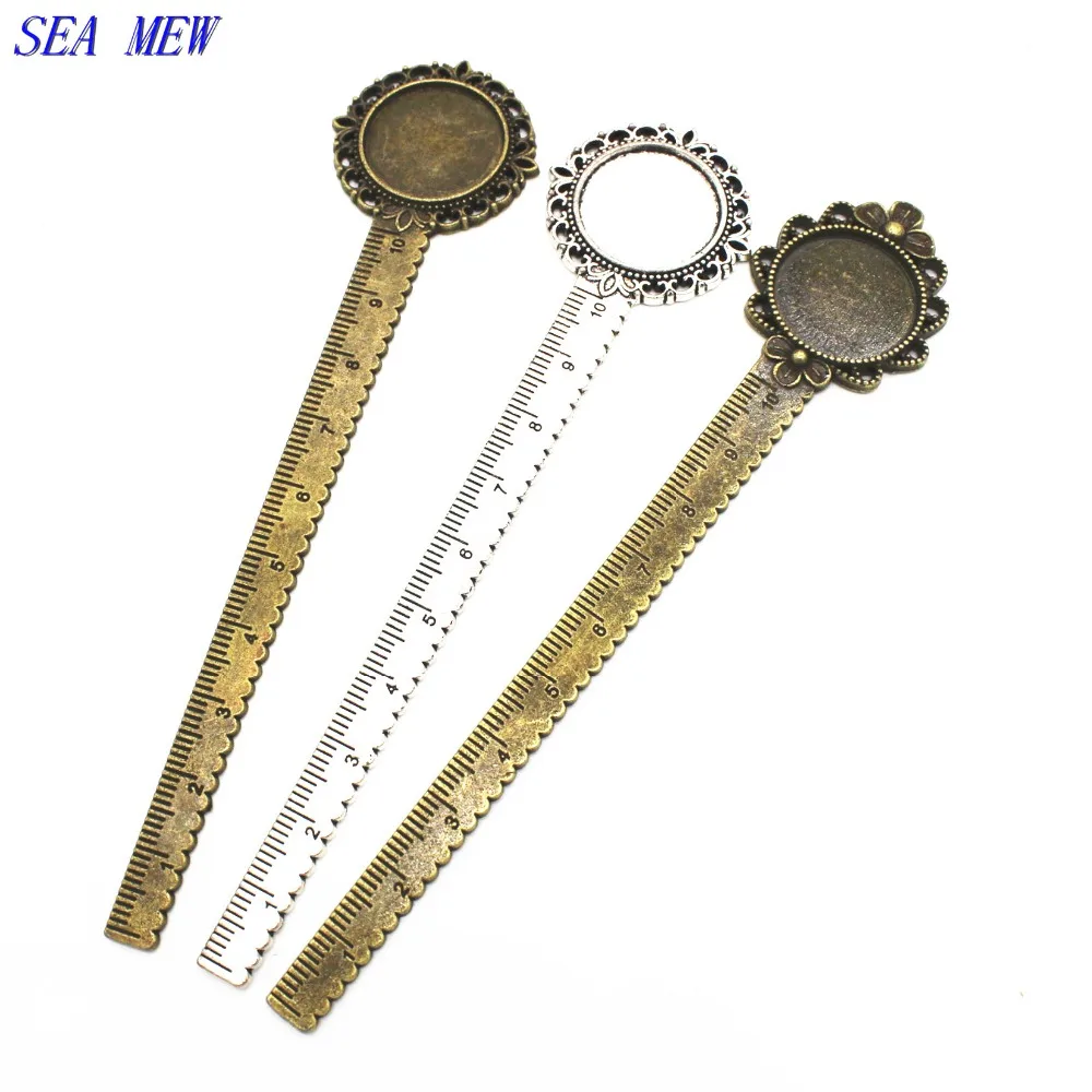 

SEA MEW 20mm Round Cabochon Base Bookmarks Setting Antique Bronze/Silver Tone Vintage Alloy Flower ruler Bookmarks Blank Jewelry