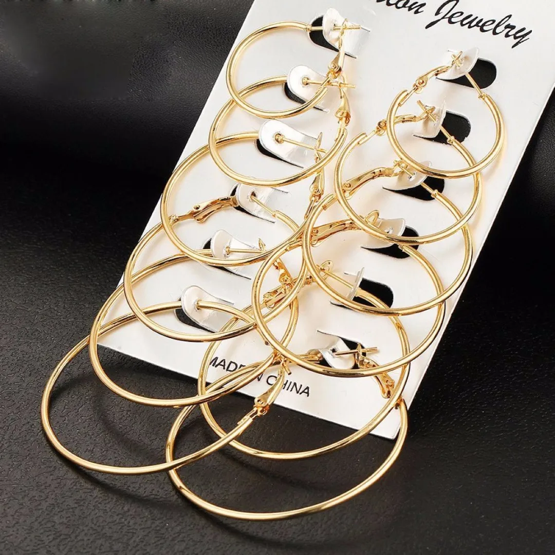 

6Pairs/set Elegant Hoop Earrings Sexy Women Lady Silver Gold Big Round Circle Loop Earring Femme Bijoux For Women