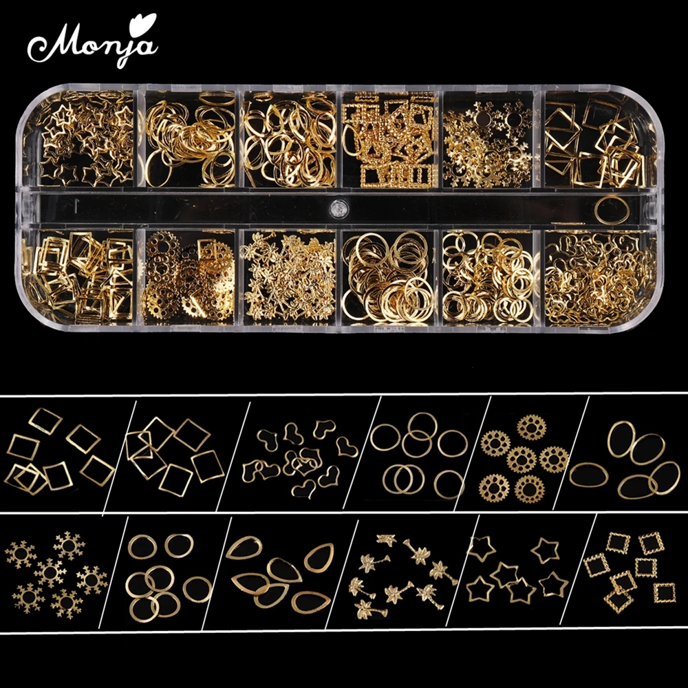 

Monja 12 Grid Mixed Style Nail Art Star Heart Snowflake Oval Gold Metal Rivet Studs 3D DIY Charm Decoration Accessories