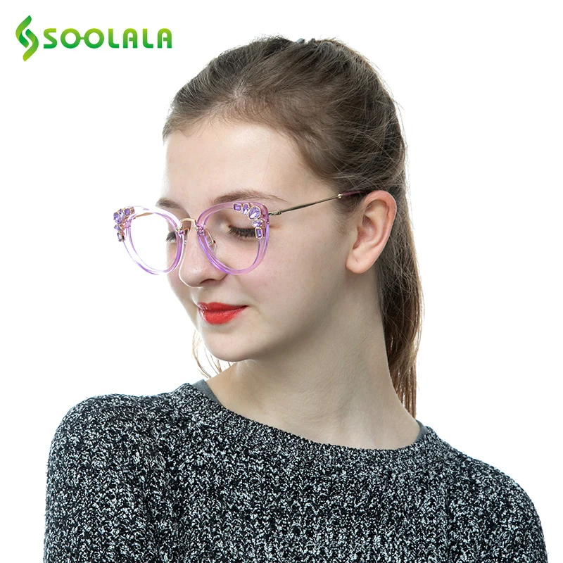 SOOLALA Cateye Reading Glasses Womens Luxury Rhinestone Eyeglasses Leopard Black Purple Presbyopia Reading Glasses +0.5 to 4.0