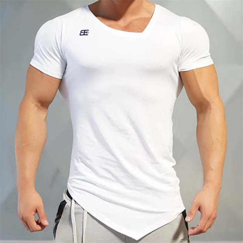 Летняя Модная брендовая футболка, мужская спортивная одежда с v-образным вырезом и коротким рукавом, облегающая футболка, Мужская компрессионная футболка - Цвет: white