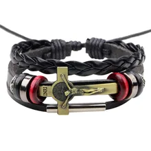 Pulsera de cuero con dijes de cruz de Jesucristo crucifijo ajustable hecha a mano estilo religioso pulsera para hombres y mujeres