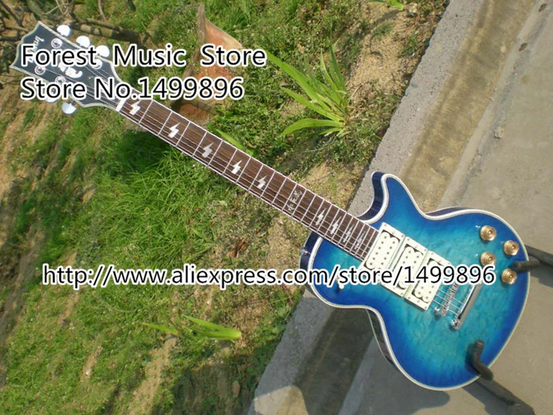 Custom Shop Ace Frehley LP Electric Guitar Vintage Blue Quilted Guitarra with Lightning Blot Inlay In Stock