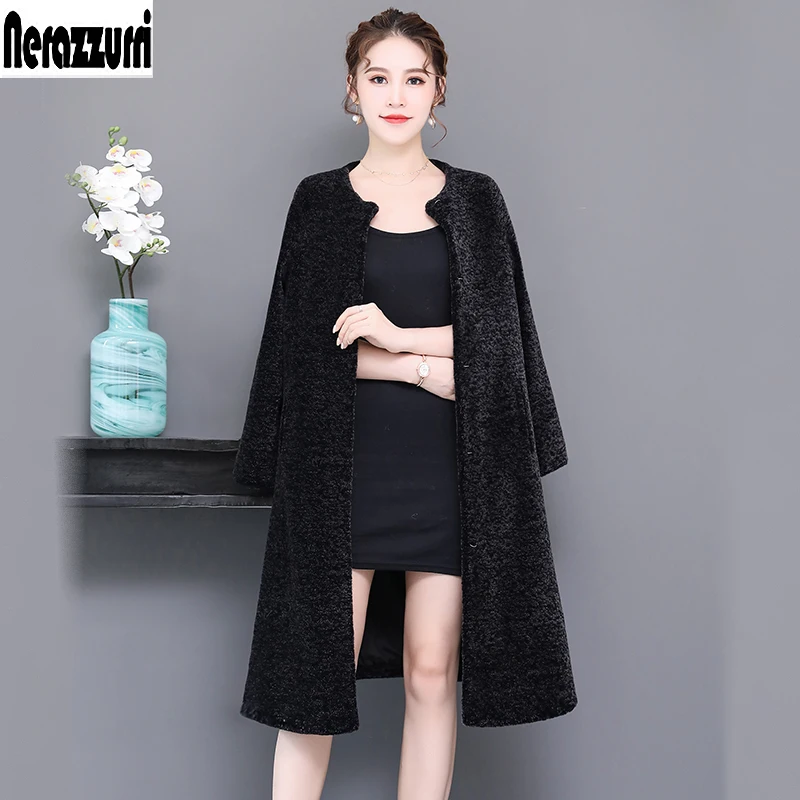 

Nerazzurri long real sheep fur coat women 2019 winter raglan sleeve warm shearling jacket plus size lamb fur outwear 5xl 6xl 7xl