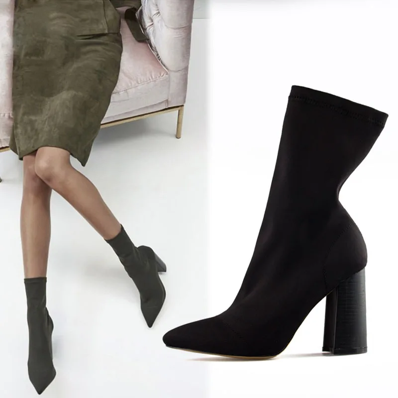 

Masorini Army Green Stretch Knit Ankle Boots Heels Women Square Heel Short Booties Pointed Toe 8.5CM High Heels Shoes W-294