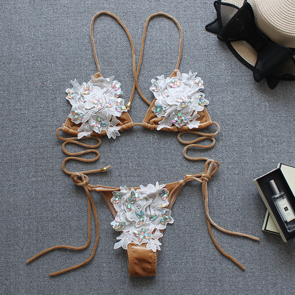 

2019 Women Bikini Set Bandage Rhinestone Swimsuit Women Push-Up Padded Swimwear Brazilian Set Biquini maillot de bain femme