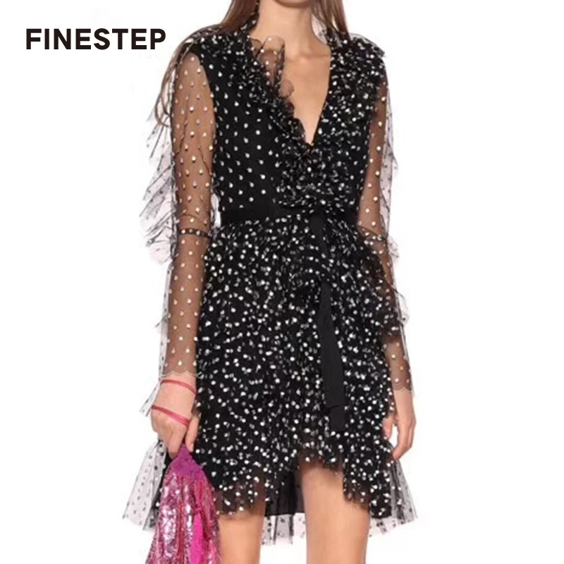 

Women Mesh Dress Long-Sleeves Summer Dots Print Dress Women Mesh Dress 2019 Luxury Ruffle Dress for Women