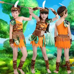 Бесплатная доставка американских индейцев костюмы Savage пещерный африканских племен карнавал Косплэй одежда для мальчиков девочек