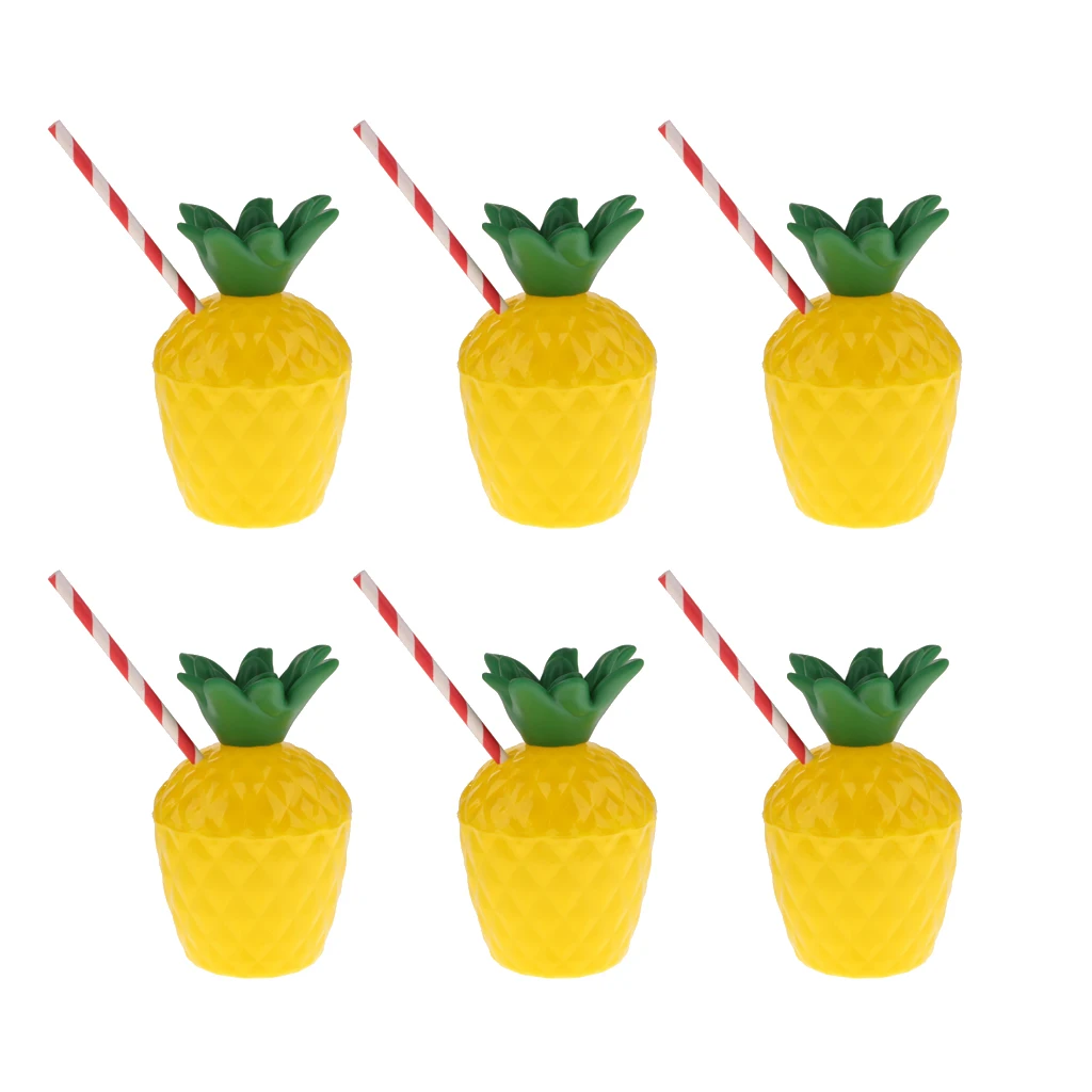 6x Plastic Tropic Pineapple Drinking Cup & Straw Hawaii Luau Beach Party Decor