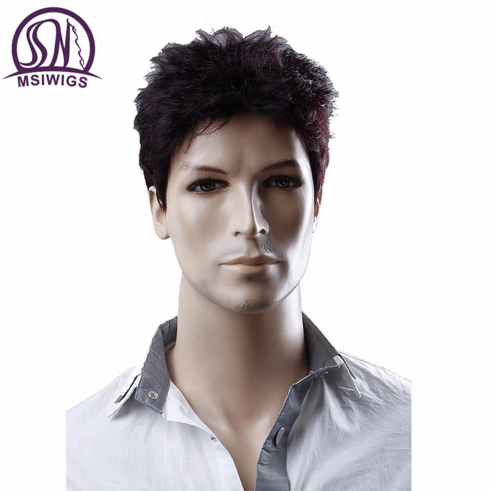 MSIWIGS 6 Inches Short Straight Wigs for Men Wine Red Toupee Natural Men Wig Hair Japanese KA