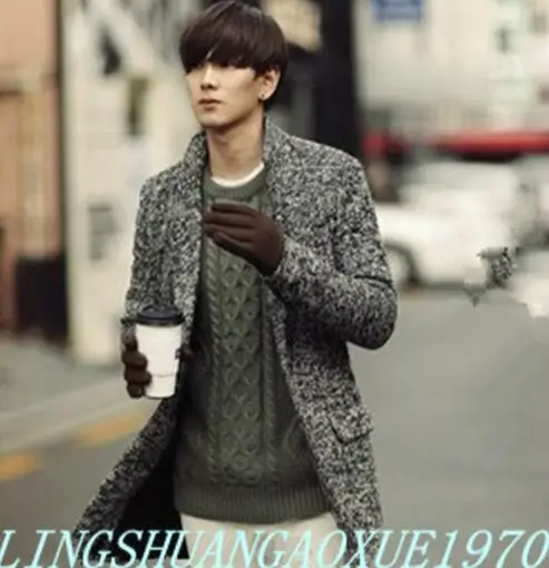 Teenage casual woolen coat men suit collar overcoat mens cashmere coat casaco masculino inverno england grey