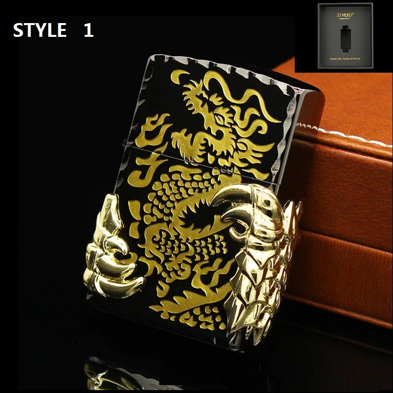 

ZORRO Genuine 3D Carving Plating Golden Dragon Claw Cigarette Lighter Windproof Inflatable Kerosene Oil Lighter Torch Lighter