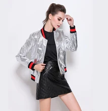 Female 2016 New Design Autumn Pu Leather Bomber Jacket Fashion Stand Collar Baseball Uniform Silver Pu Motorcycle Jackets Casaco