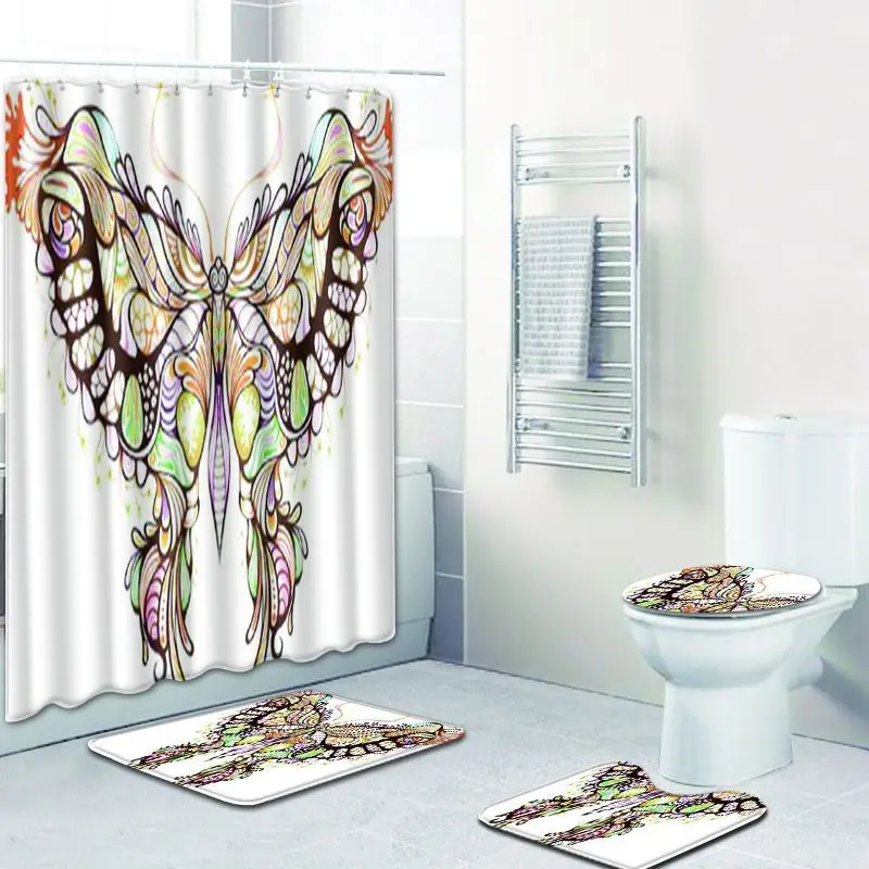Waterproof 4 pieces 3D butterfly Printed Polyester Bath Shower Curtain